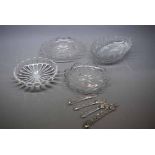 Three assorted circular scalloped edge clear glass dishes, together with a Regency castellated