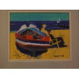 Derek Inwood, signed group of 3 oil pastels, "Incoming tide with breakwater", "Ansouis" and "Figures