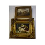 John Mace, oil on board, Country scene, 5 x 7ins, together with a modern oil of cats (2)