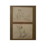 Unsigned pencil drawing, Cherub with bird together with a black and white engraving in the same