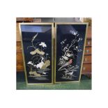 Chinese School, pair of silk work pictures, Birds in landscapes, 39 x 16ins (2)