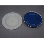 Opalescent glass plate 7ins diameter together with a further small Ruskin side plate with a blue
