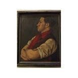 M Baden, signed oil on canvas, Half-length portrait of a young gent with his arms folded, 23 x 19ins