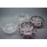 Pair of Studio glass clear ribbed bowls with amethyst detailing, together with two further clear cut