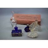 Box of mixed early 20th century perfume bottles to include two Bristol blue white metal mounted