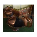 Mixed Lot: copper wares to include a warming pan, Victorian coal helmet, kettle and stand and a