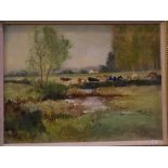 Shirley Carnt, signed oil on board, "Cows on Lichfield Marsh - April 1997", 11 1/2 x 15ins
