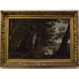 19th century English School oil on canvas, Figures seated in a wooded river landscape, 13 x 20ins