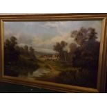 R C Snell, signed pair of oils on canvas, Country scenes with figures and cottages, 29 x 49ins (2)