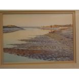 John Rowbottom, signed watercolour, Estuary scene with fishing boats and figure, 6 x 8ins