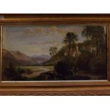 J G Harford, oil on canvas, Mountain landscape with cottages and figures, 10 1/2 x 20ins