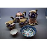 Mixed Lot: 19th century hexagonal blue, red and gilded formed tea wares comprising a tea pot and