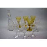 19th century set of six clear conical wine glasses with etched detail, together with a further