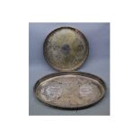 20th century plated on copper circular tray with galleried edge and etched centre, together with a