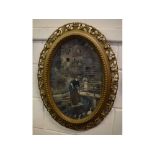 Gilt oval framed print of a woman and a young girl by a mill stream in a pierced oval frame, 20ins