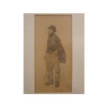 George Belcher, signed pencil and wash drawing, Portrait of a man with stick, 10 x 5ins