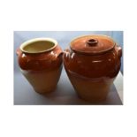 Pair of large stoneware two-handled vases (one with lid), largest 17ins