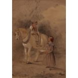 Attributed To Edward Robert Smythe, Figures and horse charcoal and wash drawing 9 1/2 x 6 1/2 ins,