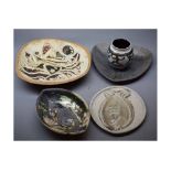Group of four Studio pottery shaped dishes together with a further vase with figures of huntsmen,