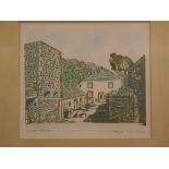 Janet Stowell, signed coloured wood block, "Cornish farm", 6 x 7 1/2 ins