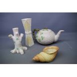 Mixed Lot: blush ivory shell formed vase, Shape no G716, together with a further Belleek shamrock
