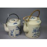 Two 20th century Chinese blue printed kettles, one with a bamboo and chicken design, the other