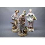 Pair of late 19th century Dresden style painted Parian figures of a boy holding a duck with basket