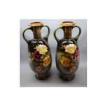 Pair of large Burmantofts style two-handled vases with printed rose decoration and moulded necks (