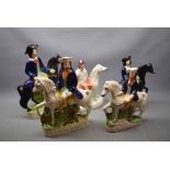 Group of five Staffordshire flat back horse mounted figures, two of Tom King, two further of Dick