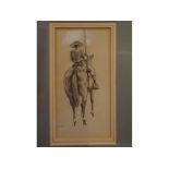 Raoul Millais, charcoal drawing heightened with white, "Horseman on a bull farm", 7 x 3 1/2 ins;