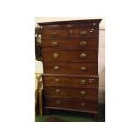 Georgian mahogany chest on chest, the top fitted with two over three full width drawers, base fitted