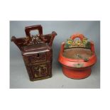 Late 20th century lacquered softwood Oriental square formed tea pot carrying case with carved