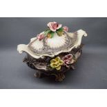 Continental flower encrusted tureen (a/f), 11ins wide x 10ins tall