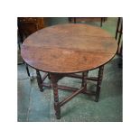 18th/19th century small oak oval drop leaf breakfast table, bobbin turned gates legs, the top