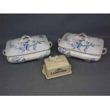 Pair of 19th century blue printed Conway rectangular tureens with Oriental fan printed scenes,
