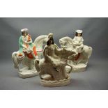 Three Staffordshire flat back horse mounted figures of a Scottish man, a further young lady with a