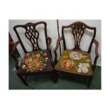 Two Georgian mahogany armchairs, one with a Chippendale style back splat with scrolling arms, with