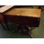 Regency mahogany drop leaf table with single drawer to end, raised on a quatrefoil sabre base,