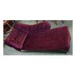 Victorian mahogany maroon velvet upholstered chaise longue, on bulbous turned legs, raised on