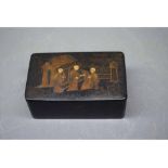Oriental papier mache lacquered box with gilded Oriental scene to top, 5ins wide x 2ins deep
