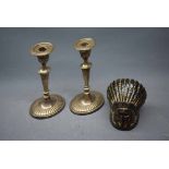 Pair of modern Sheffield plate candlesticks on oval bases with gadrooned column, together with a