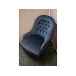 Victorian mahogany small proportioned nursing chair with blue velvet upholstery and button back on