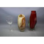 Early 20th century clear wine glass together with a further onyx cylindrical vase and a Studio