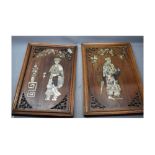 Pair of rectangular Eastern hardwood panels with mother of pearl inlay depicting Oriental figures