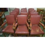 Set of 12 mid-20th century oak armchairs with red leather upholstered seats, backs and arms, and