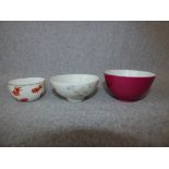 3 Chinese porcelain bowls, 1 blue & white & 1 plum colour with Yongzheng marks (3)