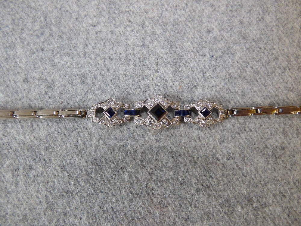 Sapphire & diamond bracelet with 3 graduated square cut sapphires to a brilliant cut set frame - Image 2 of 2