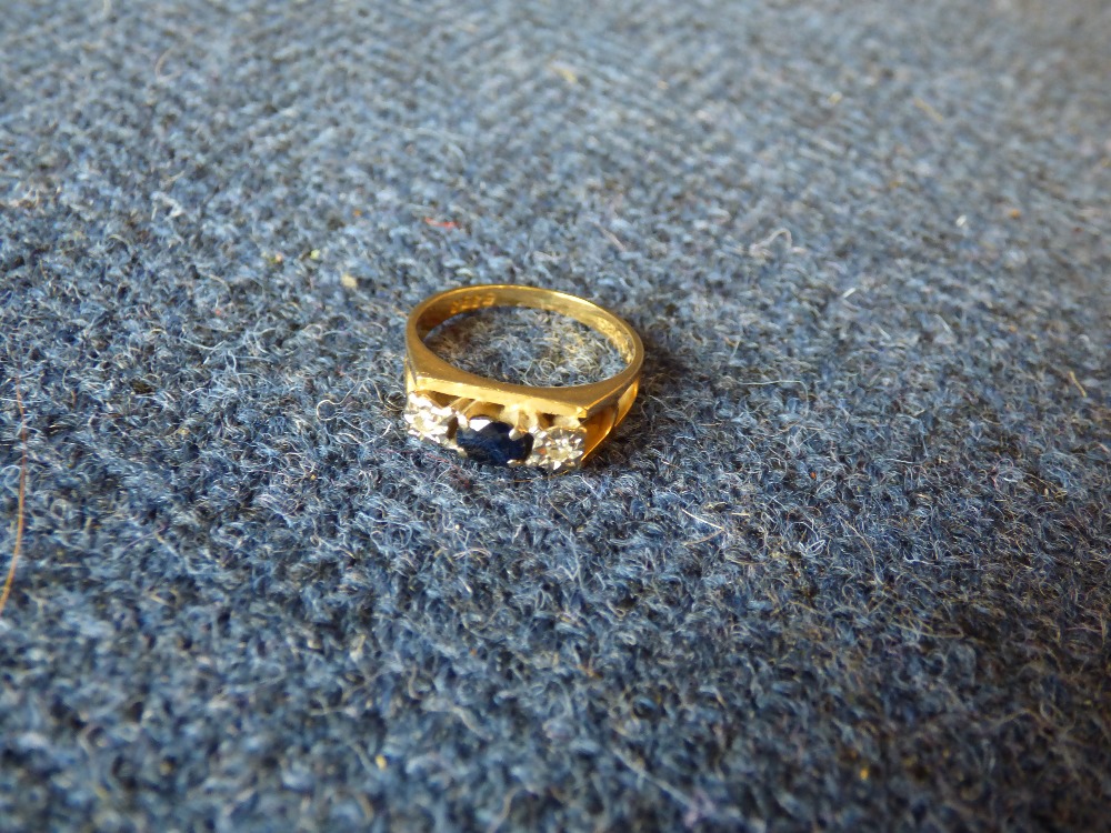 2 9ct gold wedding bands, size P, M, Sapphire & diamond 18ct gold ring, size n approx 13g - Image 2 of 3