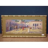 Giovanni Barbar, watercolour, Middle Eastern scene with Arabs and camels, gilt framed, 23x60cm