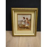 Impressionist oil painting of two girls playing with sail boat at seaside, 25x20cm